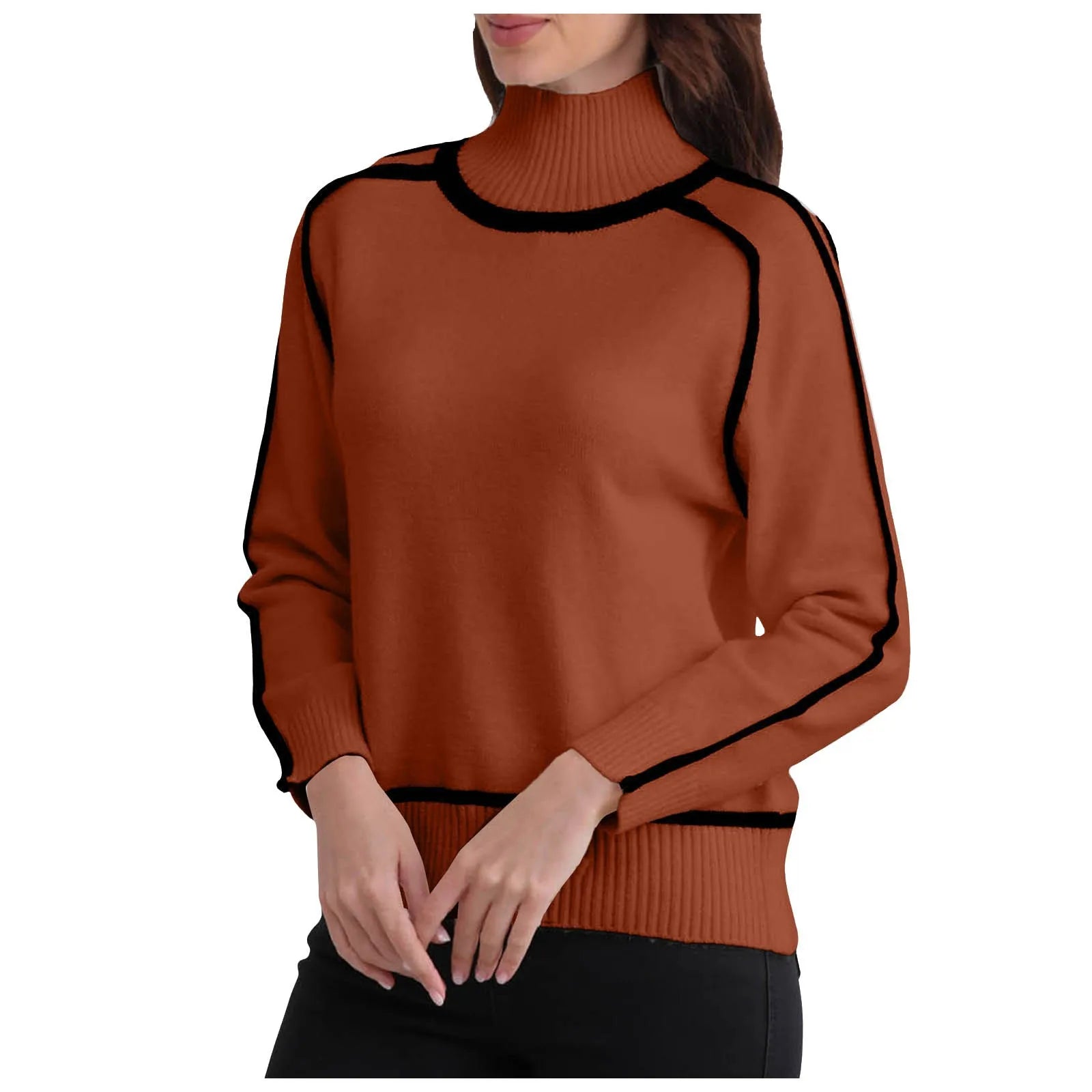 Brown sweater with black accents worn by a person on a white background