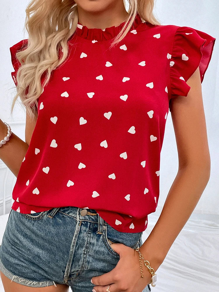 Sweetheart Style: Ruffled High-Neck Heart Print Blouse