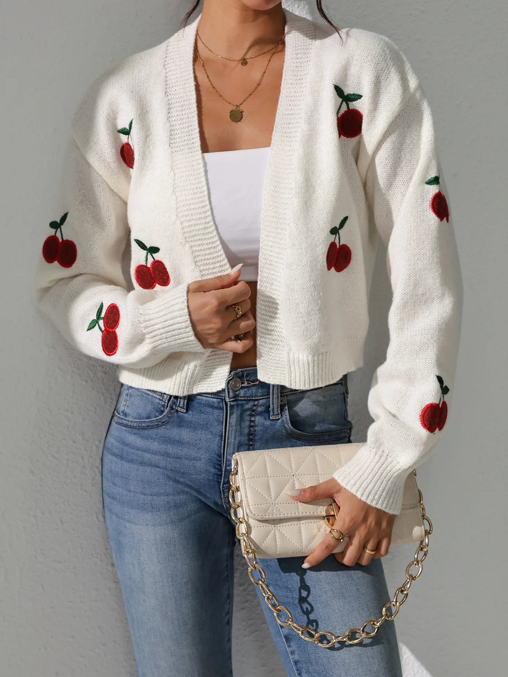 Chic & Cheery: Trendy Cherry Knit Crop Cardigan
