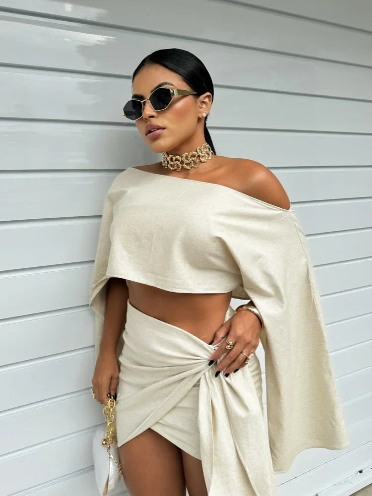 Off-Shoulder Shawl Top & Knot Skirt Set – Cotton Linen Summer Outfit