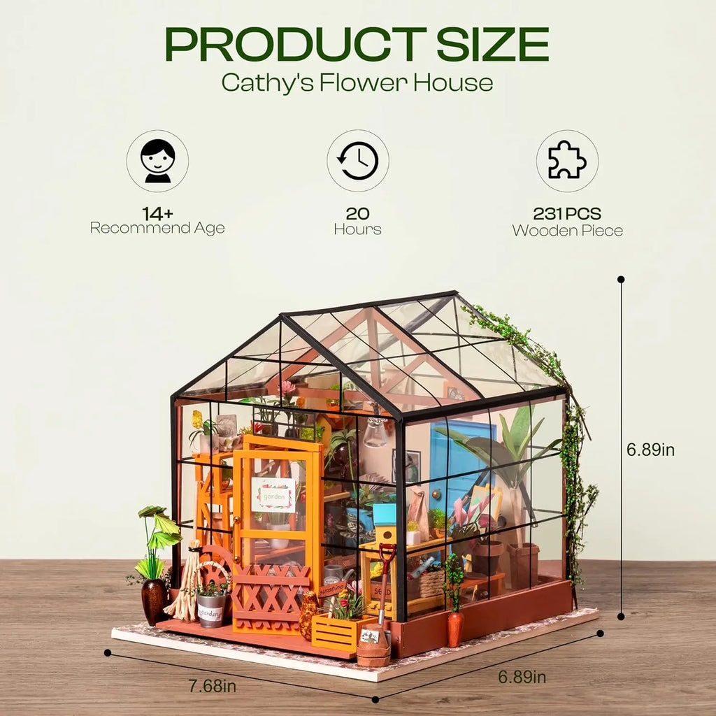 🌿 Mini Green House – Cathy’s Flower House DIY Dollhouse Kit (with LED)