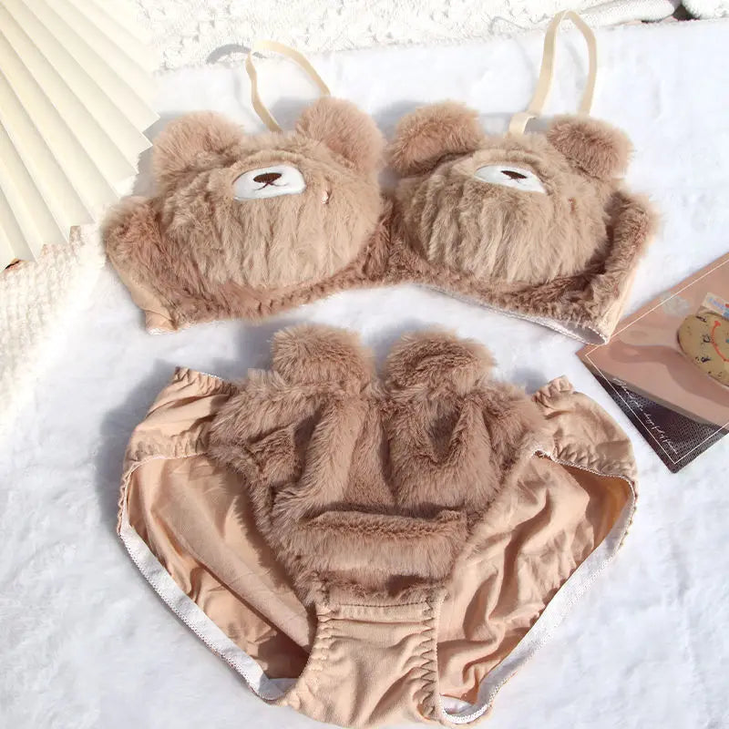 Japanese Girls Cute Lingerie Set: Cartoon Bear Plush Wireless Bra & Panty for Women