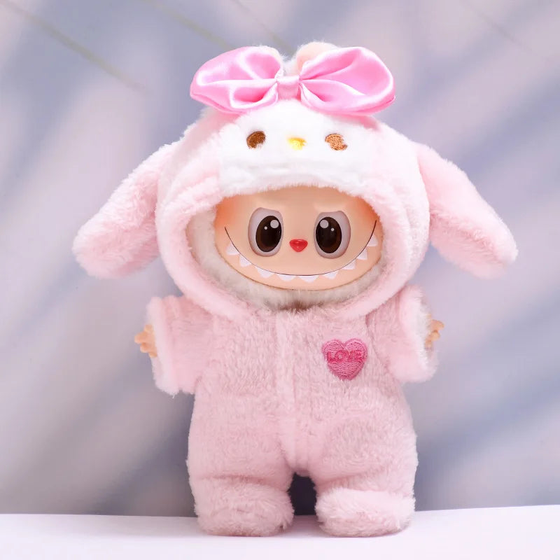 Labubu with bunny ears and bow on a light gray background