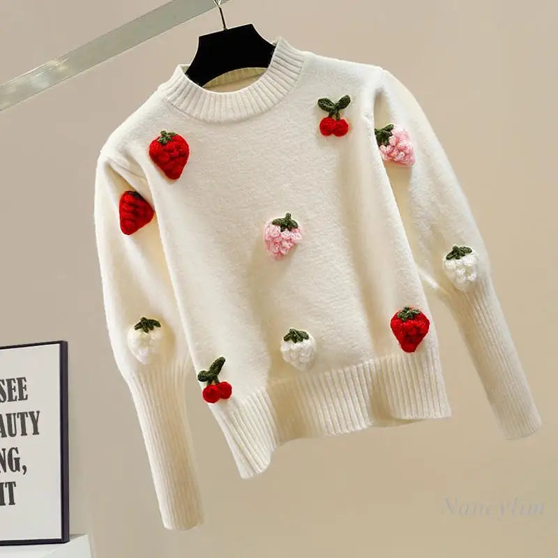 Fruit Embroidered Knit Sweater – Sweet & Stylish 🍓🍒
