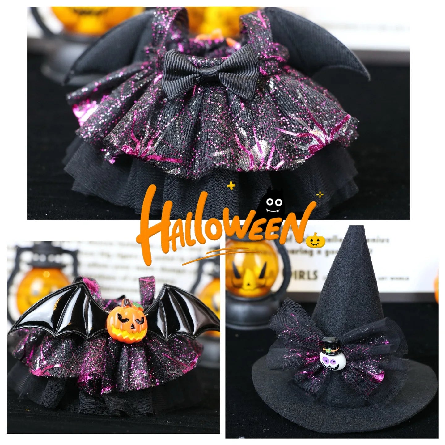 Labubu Halloween dress. Halloween-themed decorative hats with glittery black and pink designs on a festive background.