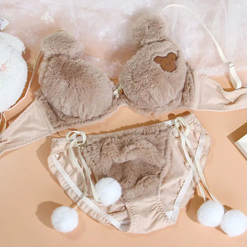 Japanese Girls Cute Lingerie Set: Cartoon Bear Plush Wireless Bra & Panty for Women