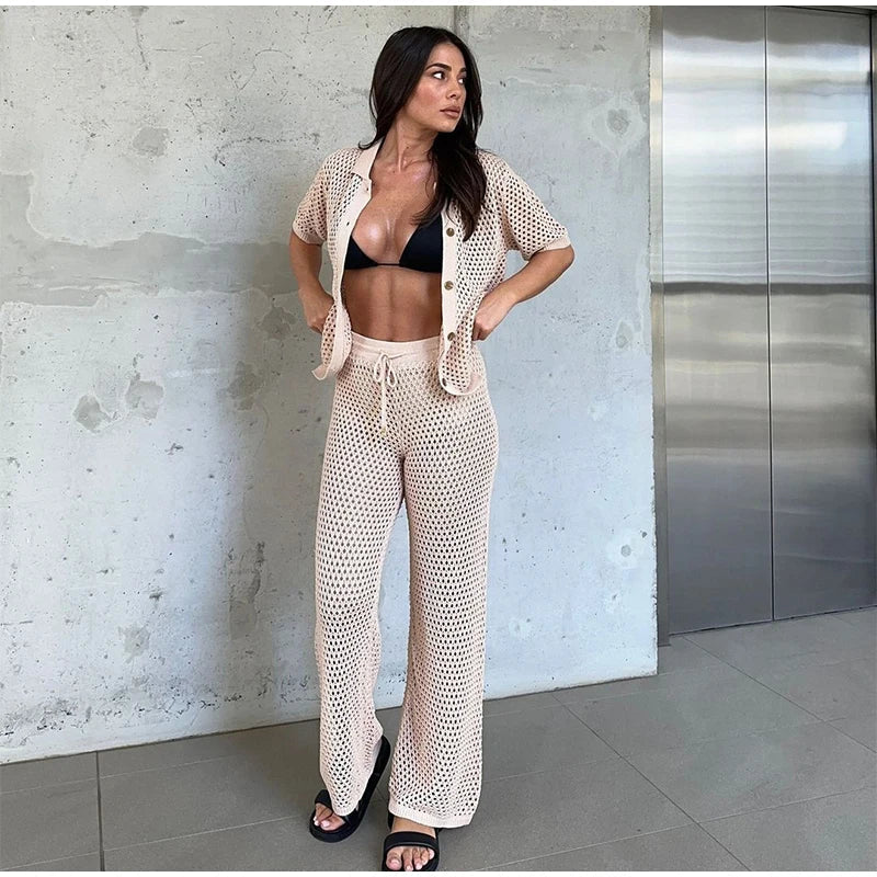 Seaside Glam – Open-Knit Cardigan & Wide-Leg Pant Ensemble