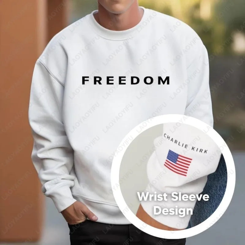 White sweatshirt with 'FREEDOM' text and a close-up of a wrist sleeve design.