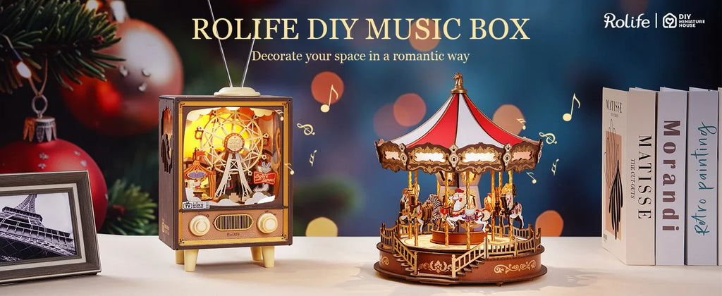 Rolife DIY music box with decorative items on a table