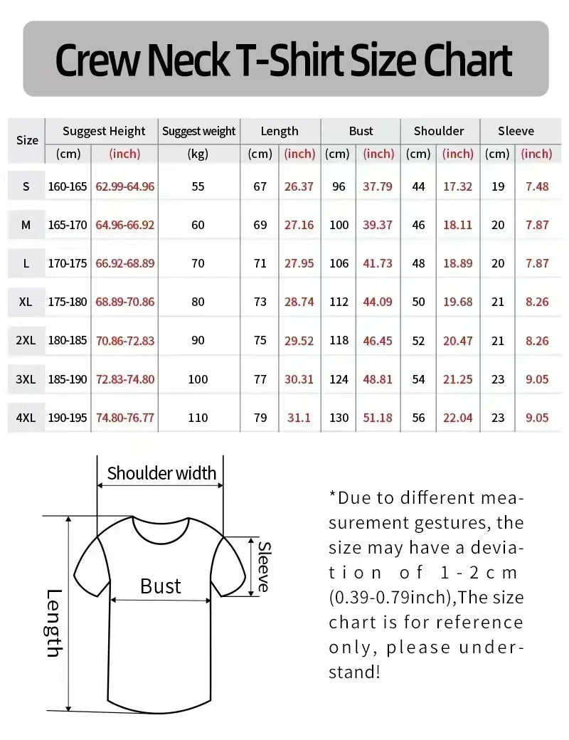 Crew neck t-shirt size chart with measurements