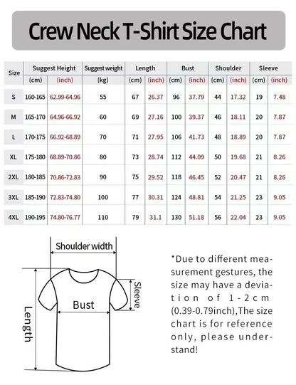 Crew neck t-shirt size chart with measurements