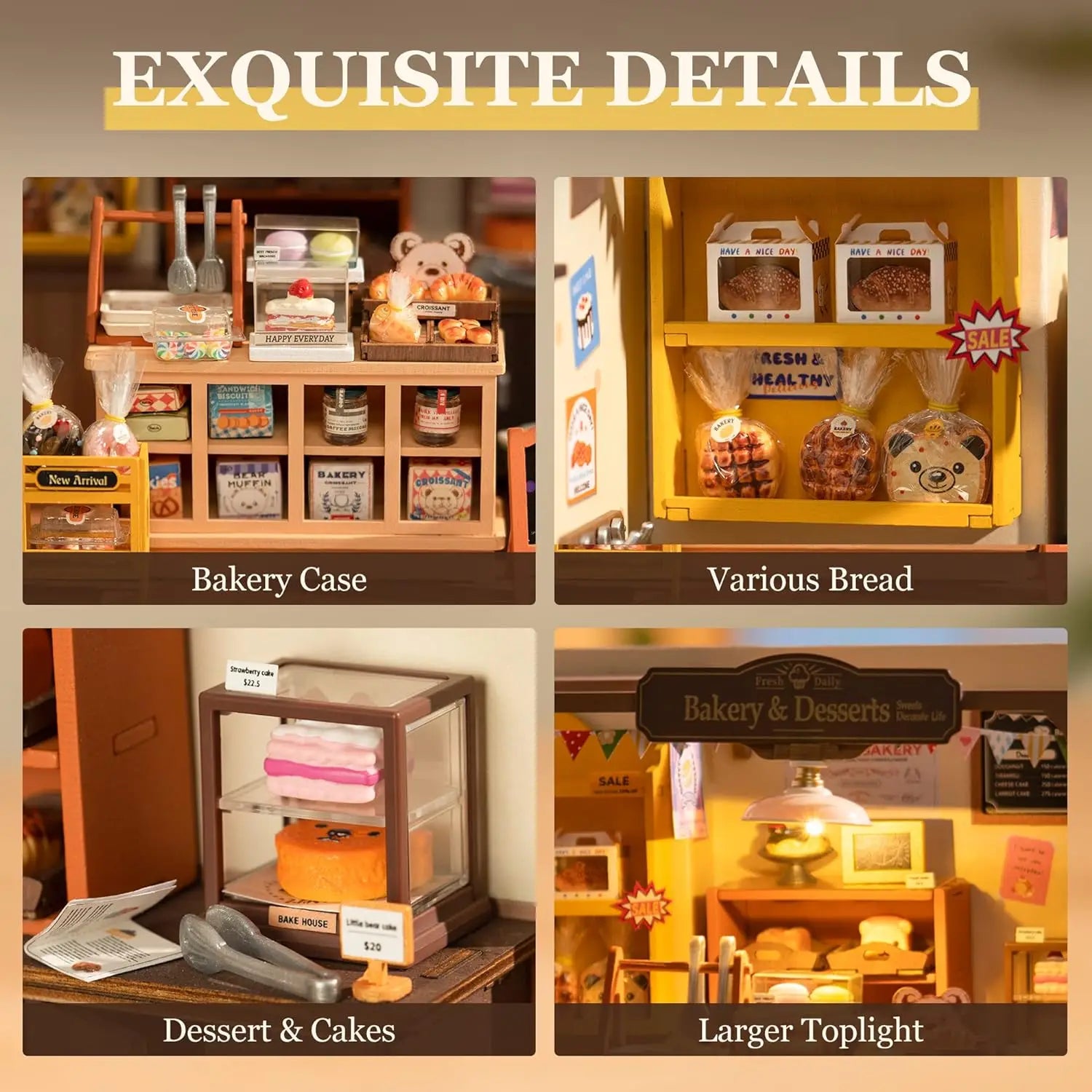 Miniature bakery set with detailed display cases and bread items.
