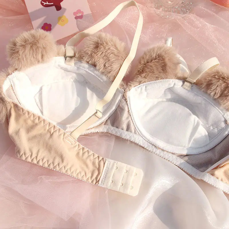 Japanese Girls Cute Lingerie Set: Cartoon Bear Plush Wireless Bra & Panty for Women