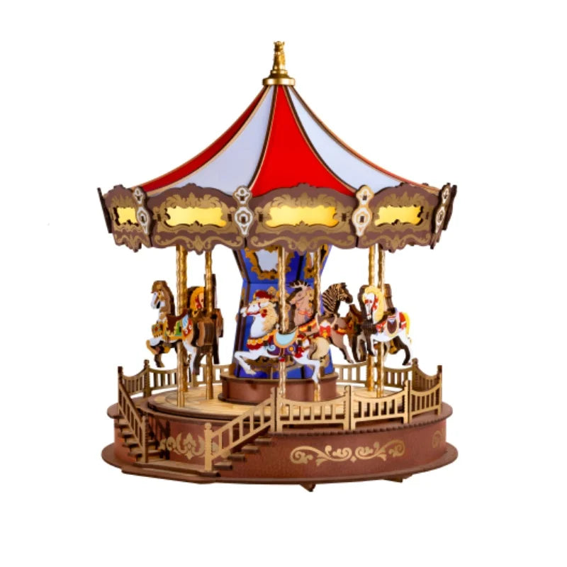 Wooden carousel toy with colorful horses on a white background