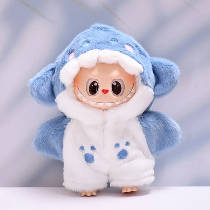 Labubu with blue and white outfit on a light gray background