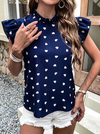 Sweetheart Style: Ruffled High-Neck Heart Print Blouse