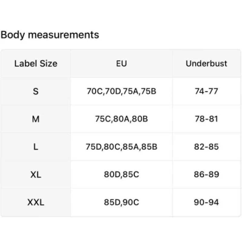 Size chart for clothing with label sizes and corresponding EU measurements.