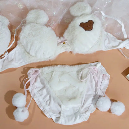 Japanese Girls Cute Lingerie Set: Cartoon Bear Plush Wireless Bra & Panty for Women