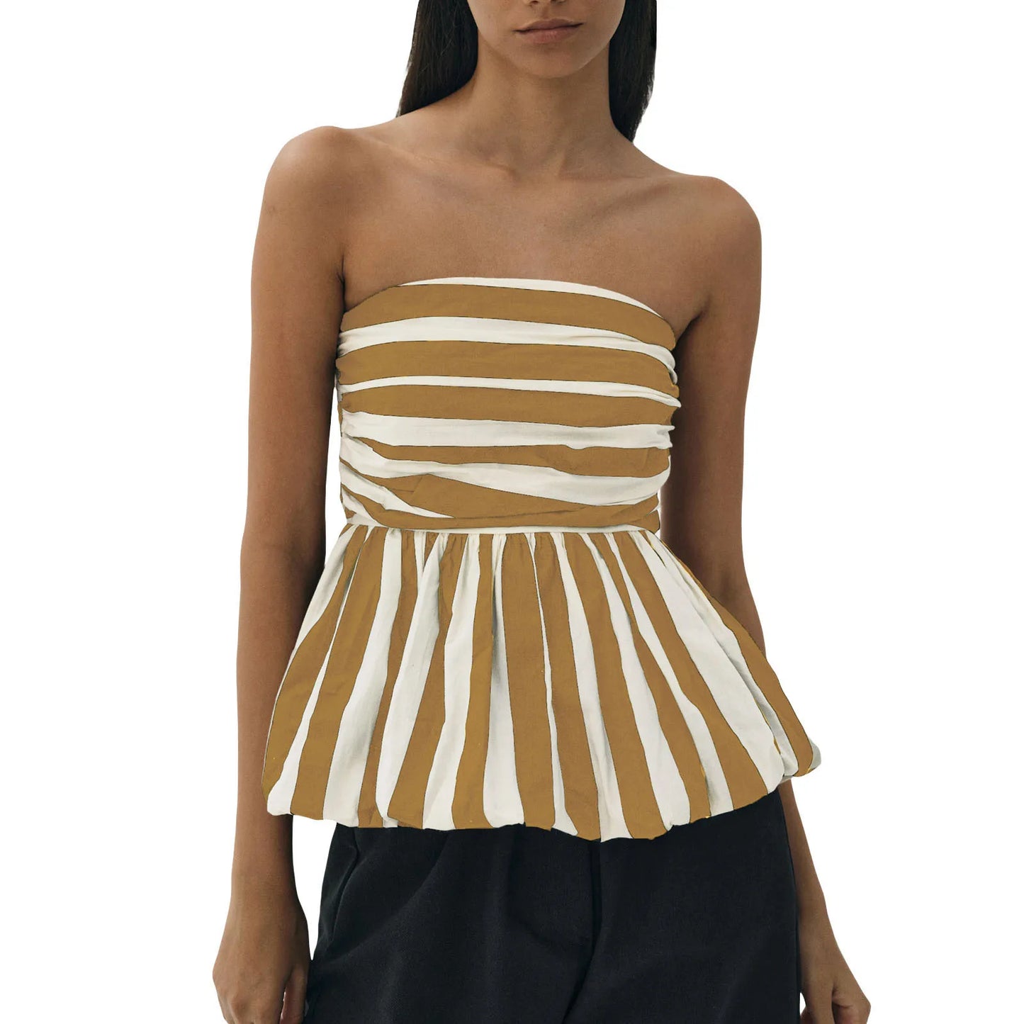Monochrome Muse: A Strapless Beauty with Bold Stripes