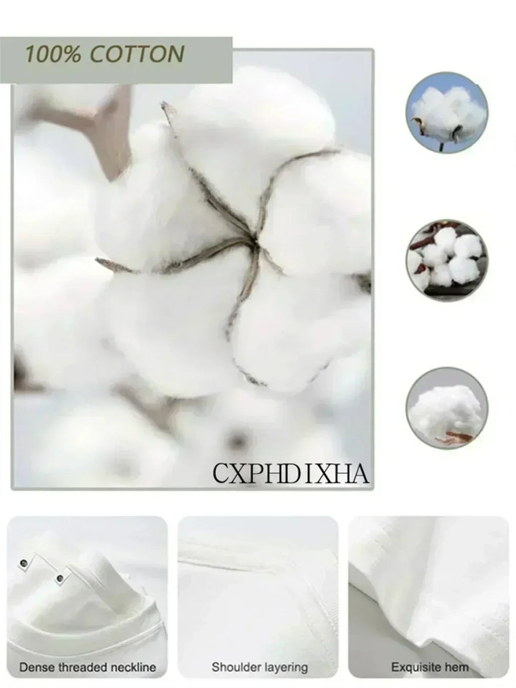 Close-up of white cotton fibers with '100% Cotton' text and product details.