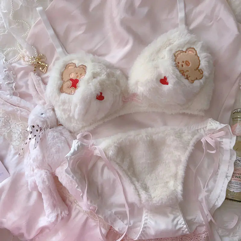 Japanese Girls Cute Lingerie Set: Cartoon Bear Plush Wireless Bra & Panty for Women