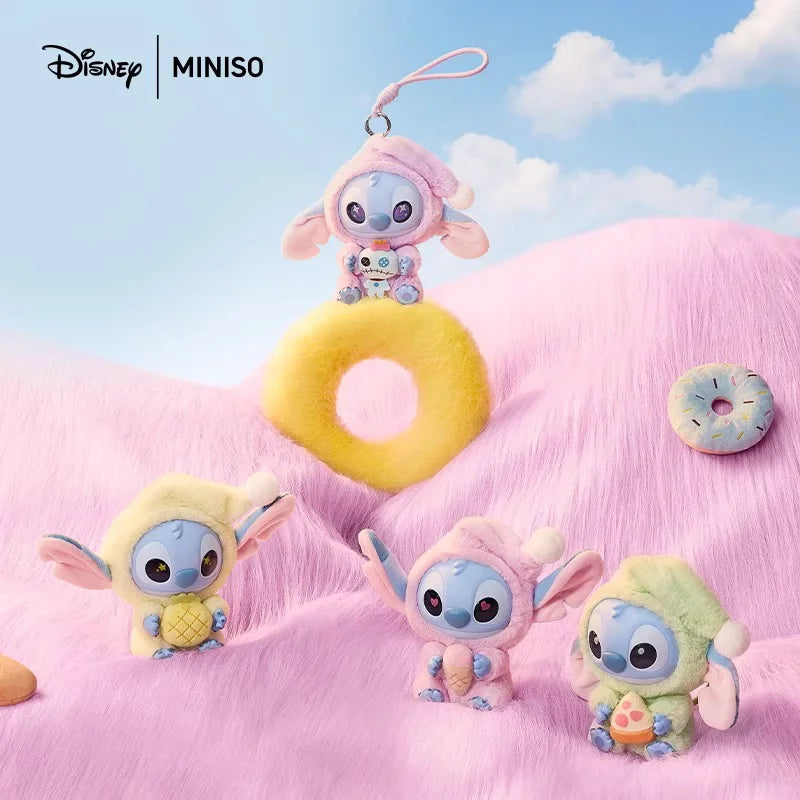 Disney Miniso plush toys on a pink surface with a blue sky background. Stitch eat something before sleep