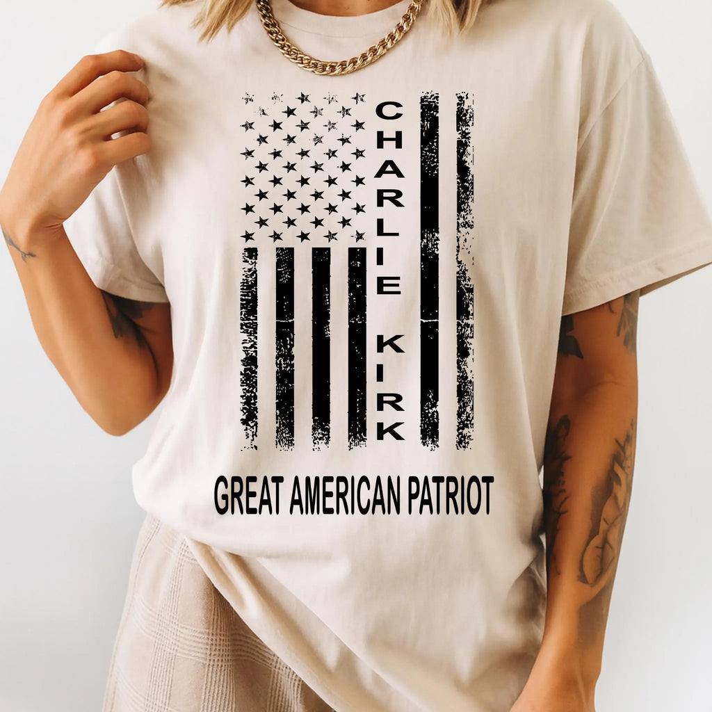 T-shirt with American Flag and written on it is Charlie Kirk, Great American Patriot