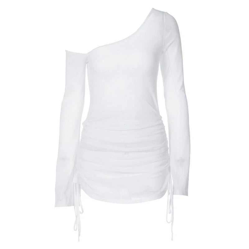 Alluring See-Through Mini Dress with Skew Collar & Elegant Draping