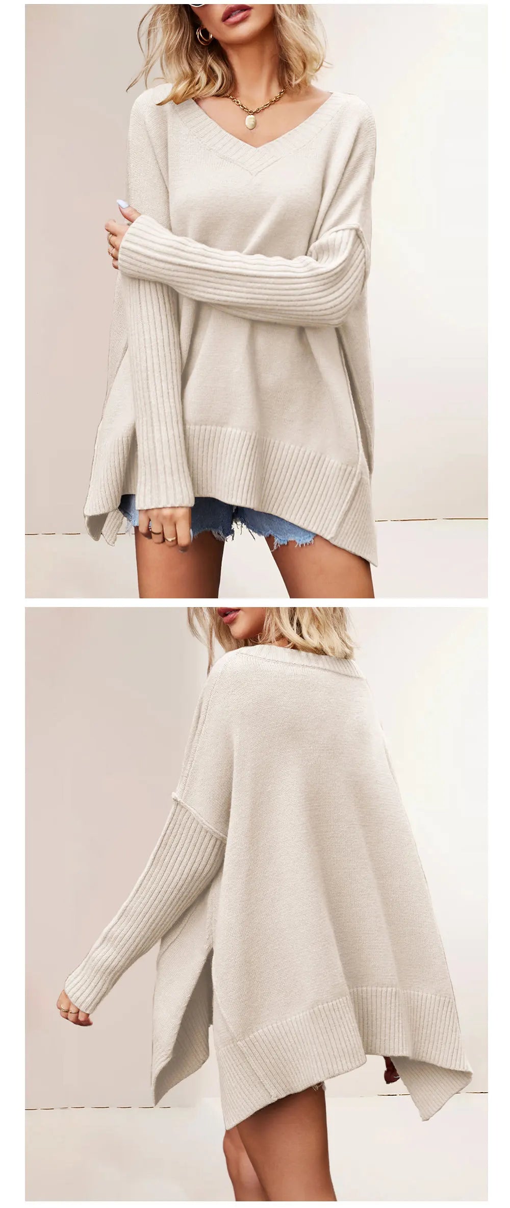 Woman wearing a long beige sweater with a V-neck and high-low hemline on a plain background.