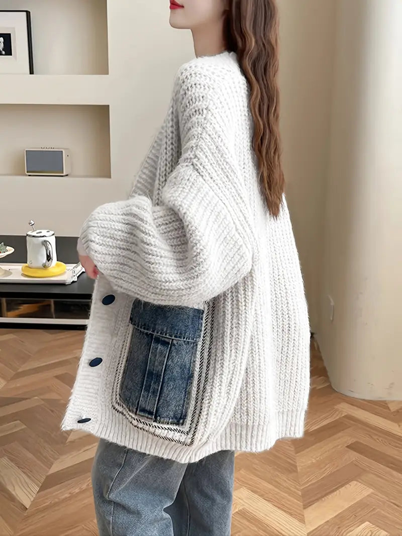 Relaxed Fit Knitted Cardigan with Denim Contrast