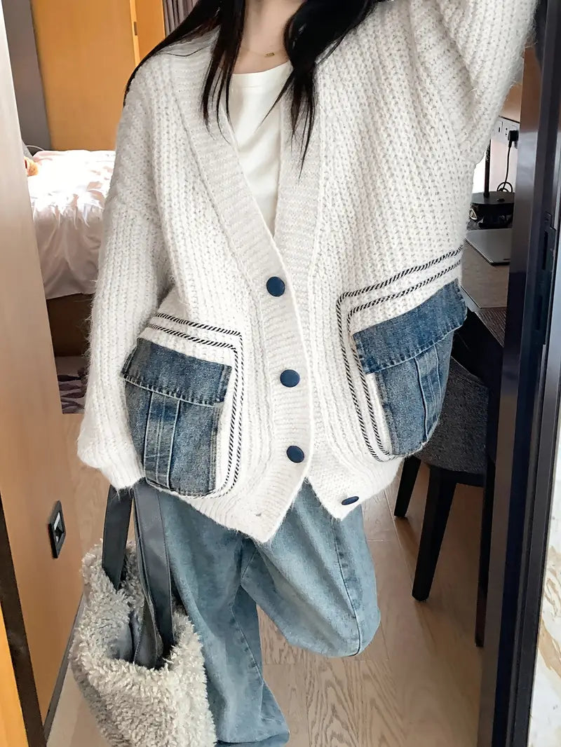 Relaxed Fit Knitted Cardigan with Denim Contrast